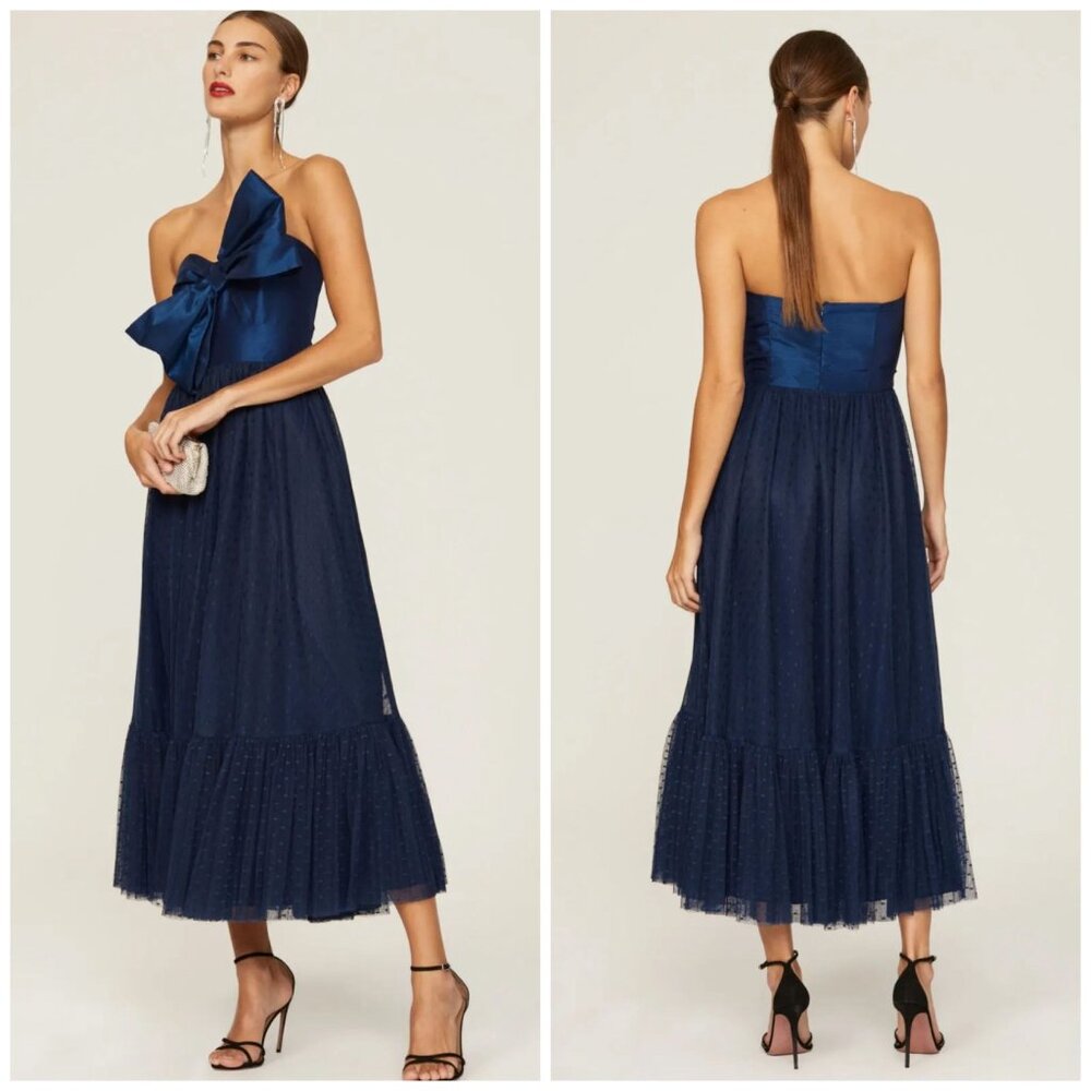 Hutch Anthropologie Dress Women 00 Petite Blue Strapless Ruffle Hem Bow Tie Midi